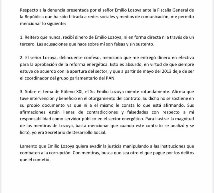 Acusaciones de Lozoya falsas y sin sustento: Ernesto Cordero
